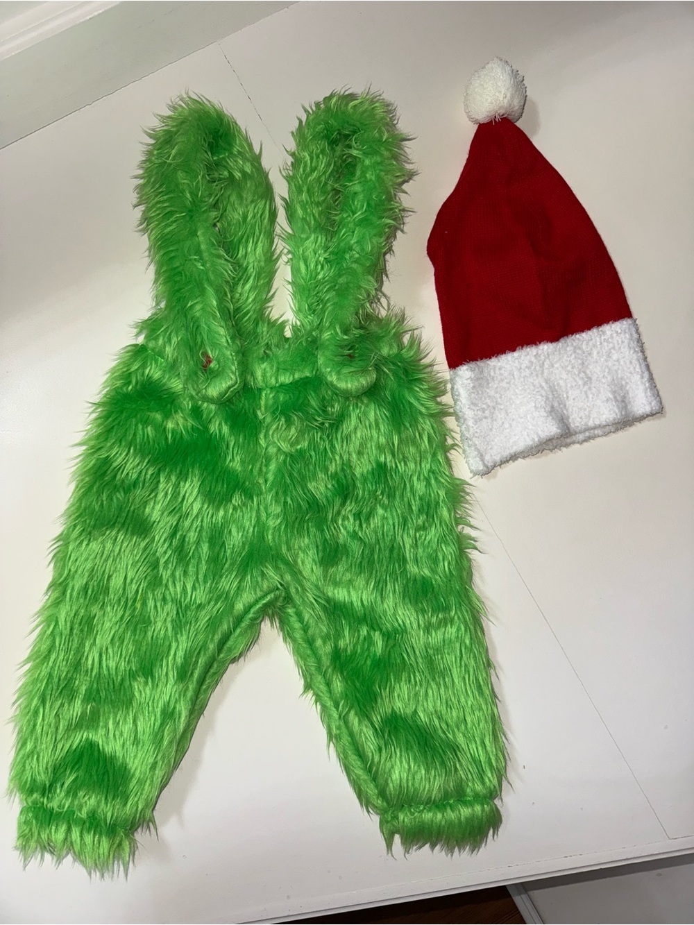 Green Fuzzy Grinch Christmas Overalls Costume with Red Holiday Hat